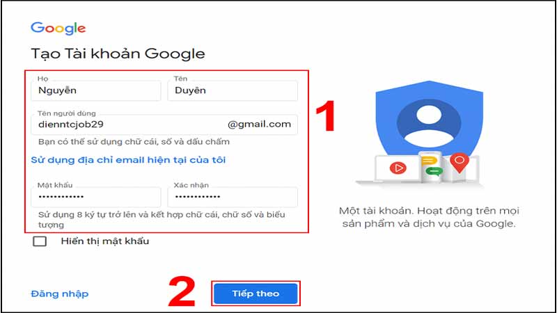 Nhập thông tin cá nhân cho tài khoản gmail